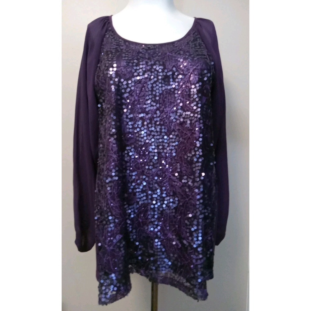 american glamour badgley mischka Purple Sequin Open Sleeve Dazzle Blouse Size 1X